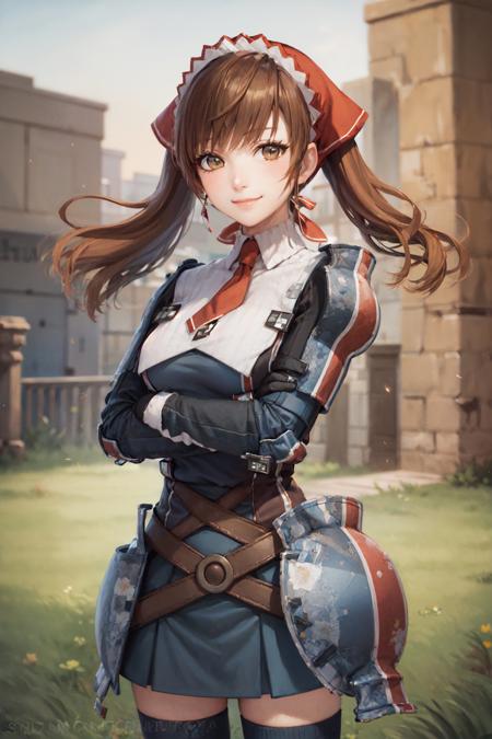 (masterpiece, best quality:1.2), <lora:valkyriachronicles_melchiott-11:1>, cowboy shot, solo, 1girl, alicia melchiott, smile, looking at viewer, crossed arms, twintails, headdress, military uniform, necktie, thighhighs