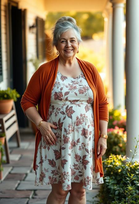 full body shot masterpiece portrait of a relaxed mature woman::1.4, Norman Rockwell style::1.2, realistic impressionist art::1.1,
(physical description: full body shot, PLUMP build with soft curves PROTRUDING BELLY, fair skin with a gentle glow, casual posture:1.1)
(facial features, expression: serene and content expression, gentle lines around the eyes, MESSY BUN WITHwispy strands of hair framing the face:1.0)
(clothing details: breezy knee-length dress with light-colored base and darker botanical or floral pattern, paired with a rust-colored open-front cardigan:1.0)
(accessories:((BAREFOOT, THICK BRASS STRAP ANKLETS:09))(, simple stud earrings or no jewelry, understated natural styling:0.9)
(background setting: sunlit cottage garden path or cozy front porch with greenery and warm textures:0.9)
(lighting style: soft golden hour light, diffused natural sunlight with warm highlights:0.8)
(composition and camera framing: full body centered shot, eye-level angle, gently candid moment mid-step or adjusting cardigan:1.0)
(emotional tone or theme: relaxed domestic elegance, warm weather comfort, tranquil and familiar atmosphere:0.9)
(technical execution: soft painterly textures, focus on fabric movement and natural lighting interplay, lifelike color rendering:0.8) HER ANKLE IS CHAINED TO THE PORCH, 3D isometric render
