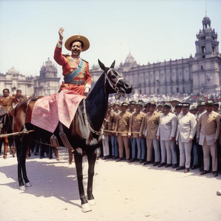 color shot of p4nch0v as President of Mexico in front of crowd of men and women in the Zocalo <lora:p4nch0v_v1:1>