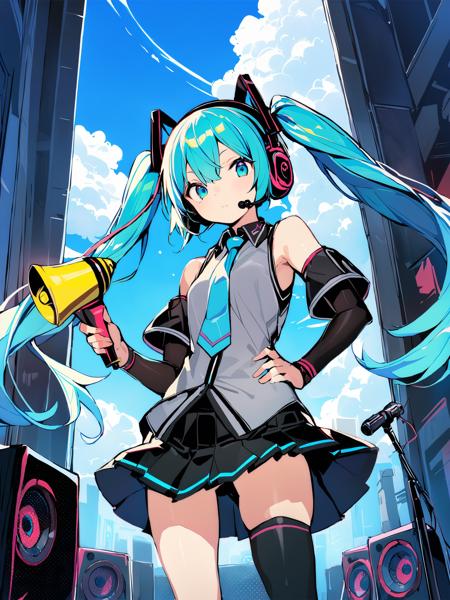 <lora:XL_dohna dohna style-000008:1>,dohna dohna style,1girl, long hair, skirt, solo, hatsune miku, detached sleeves, thighhighs, megaphone, twintails, necktie, speaker, cloud, sky, blue eyes, black skirt, shirt, outdoors, holding, blue necktie, very long hair, hand on hip, microphone, day, sleeveless shirt, pleated skirt, sleeveless, zettai ryouiki, blue hair, black thighhighs, looking at viewer, blue sky, standing, closed mouth, bare shoulders, cloudy sky, cowboy shot, grey shirt, bangs, floating hair, hair ornament, headset, collared shirt, aqua necktie, headphones, black sleeves, masterpiece, best quality,