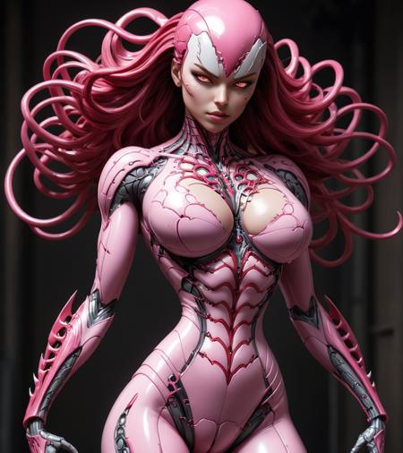 comic <lora:She-Venom-FFusion.LORA:1> a female figure with a pink body, intricate body, biomechanical oppai, highly detailed figure, full body closeup shot, carnage, gynoid cyborg body, highly detailed figure, highly detailed cybernetic body, extreme detailed face and body, complete detailed body, painted in zbrush, highly detailed body, gynoid body, detailed body . graphic illustration, comic art, graphic novel art, vibrant, highly detailed