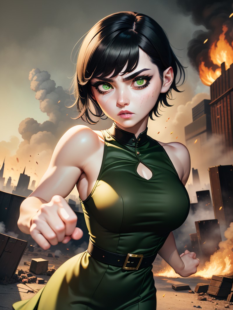 masterpiece, best quality, Buttercup, green dress, short black hair, pretty face, insanely detailed eyes, intense look, fi...