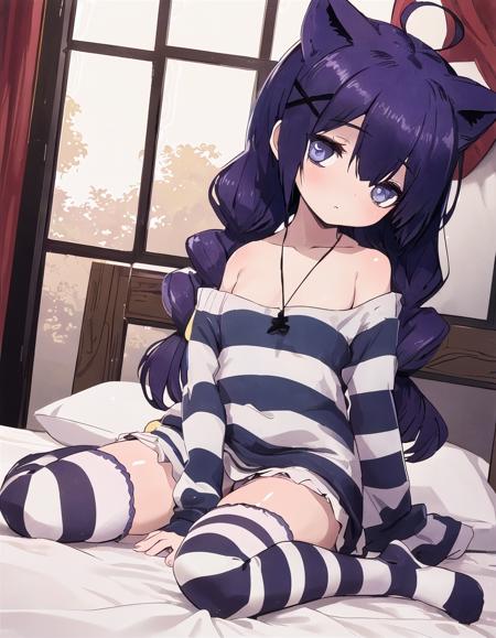 masterpiece, best quality, ultra-detail, 1girl, solo, <lora:(criminal girls) alice:0.6>, ali, hair ornament, prison clothes, bloomers, striped thighhighs, (bags under eyes:1.1), oversized clothes, (sleeves past wrists:1.1),   (sitting:1.2),  (wariza:1.2), (straight-on:1.1), (from below:1.1), (on bed:1.1), head tilt, arms between legs, wide hips, thick thighs, blush,