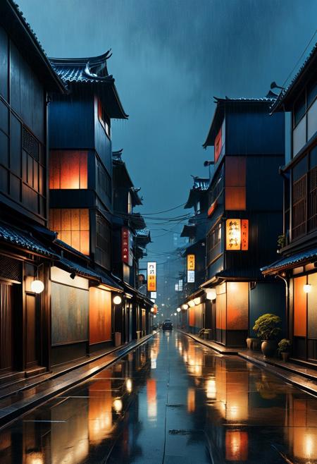 PG-TR, 
A serene Nihonga-style portrait, but subtle surreal details—such as layered, collage-like motifs appearing in the background as floating, symbolic elements., atmospheric urban painting, expressive brushwork, moody cityscapes, cinematic light and shadow, painterly textures, soft focus realism, dark evocative palette, muted blues and warm ambers, rainy reflections, solitary figures, contemporary romanticism, emotional depth, abstraction and realism, modern city mood, nocturnal introspection