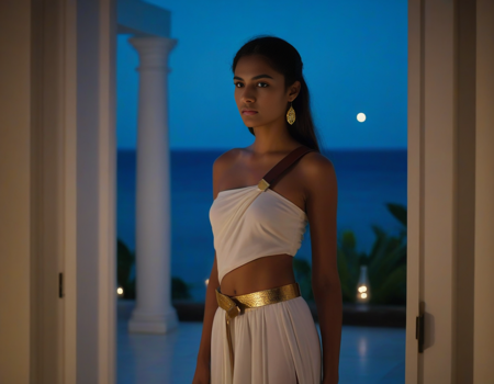 perfect  body proportion ,sharp, clear focus, (standing pose:1.10), indoors, IMG_0001.CR2, ultra photorealistic Cinematic DSLR photo of  Viaâmiti, a Tahitian 19-year-old L'Oreal fashion model,   she is  sexy,  moon-light streaming through her hair, ( thin slender body, hypnotic gaze, hypnotic gaze,  (very pretty facial features), , dark brown tan skin,  wearing a single shoulder white Roman style toga with a thin leather belt and golden accoutrement, long straight hair, (tan glowing skin),   slender body, (((walking))),  an elegantly appointed luxury tropical island bungalow bedroom with open glass door view of aquamarine ocean and a midnight sky, (walking in front of Huge glass double sliding glass Panoramic Doors:1.10), house plants, organic vibe, organic ambiance, natural beauty, nighttime moonlit, photorealistic portrait,  intricate, sharp, focused, depth of field,  symmetrical face, soft focus, realistic, cinematic lighting, unreal engine, image by national geographic, detailed, hd, hq, award <lora:detail_slider_v4:0.5> perfect body, Olympus OM-D E-M1 Mark II with M.Zuiko Digital ED 12-40mm Pro lens at 26mm, f/4.5, 1/160s exposure, ISO 200,  spontaneous, National Gallery, Image by perfect nipples, Cinematic photography, movie mood, cinematic light, compelling composition, storytelling elements, conveys emotion, mood, and narrative depth, creating visually striking images that feel like still frames from a film, experimental photography, pushing the boundaries of creativity, unconventional techniques, innovative concepts, artistic exploration, thought-provoking imagery, pushing the boundaries of traditional photography