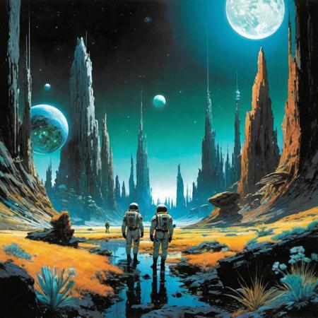 Sketch a group of individuals wearing retro spacesuits, exploring an alien landscape filled with vibrant floating crystals and bioluminescent plants.
by Kim Jung Gi, Yoshitaka Amano, Android Jones, Jeremy Mann