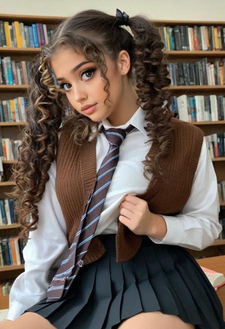 23yo busty girl reading book in library, wearing <white collared shirt, necktie, skirt>