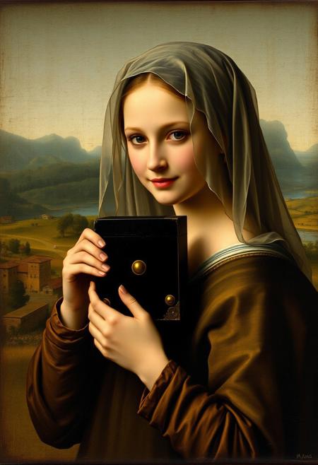 Long lost Leonardo da Vinci painting of a girl holding a mysterious black box with round edges and simple ornaments near her ear, dramatic light, profie portrait, slight smile, enigmatic, head covered with transparent veil, 15 century Toscana landscape in background.