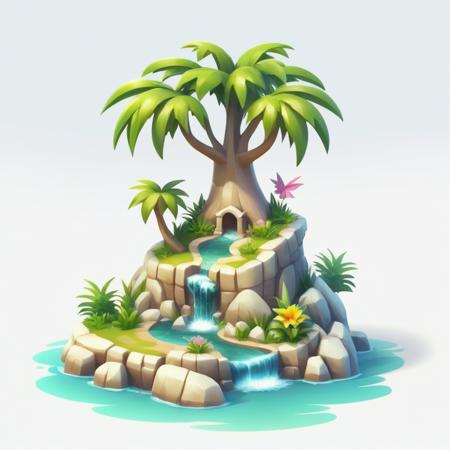 simple_background, white_background, flower, water, tree, pokemon_(creature), no_humans, bird, grass, rock, palm_tree, tower, faux_figurine, no humans, palm tree, pokemon (creature), white background, castle, simple background