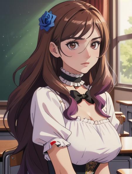 best quality, masterpiece, highres, detailed, digital artwork, <lora:Detail - add_detail:0.2>, QuelleSellier, two-tone hair, brown hair, purple hair, brown eyes, head flower,  blue rose, <lora:Character - QuelleSellier:0.6>, classroom, large breasts, black frilled choker,