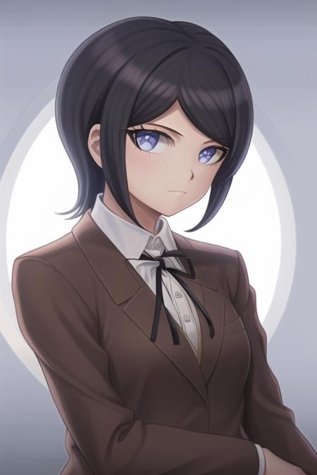 Masterpiece, Best Quality,  <lora:MukuroDG:1>, 1girl, solo, jacket, ribbon, shirt, neck ribbon, upper body, looking at viewer, collared shirt, brown jacket, white shirt, black ribbon, breasts, simple background, closed mouth, white background, long sleeves, shiny hair, school uniform, transparent background, medium breasts, shiny