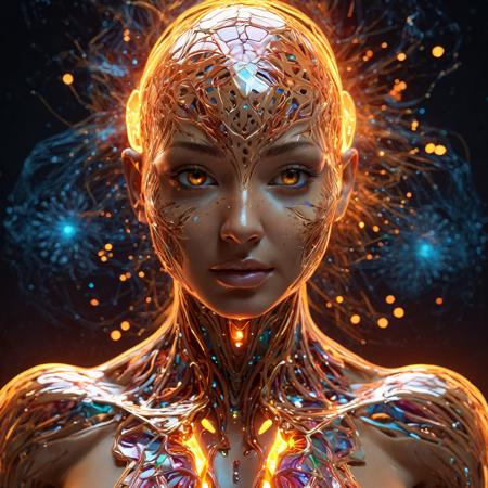 Human anatomy, (fragmented body parts, 3d flare fragmentation of body, flare and orbs breaking off face, cgi surreal masterpiece, vibrant colors, rim lighting, magical fragmentation, biosphere decomposition, high detail, floating parts:1.4), detailed cosmic background, fractal art, galaxy light vision, 16k, astral concept art, sharp lines, intricate, sophisticated, female,  <lora:add-detail-xl:0.64>,  fiery glow, fiery eyes,