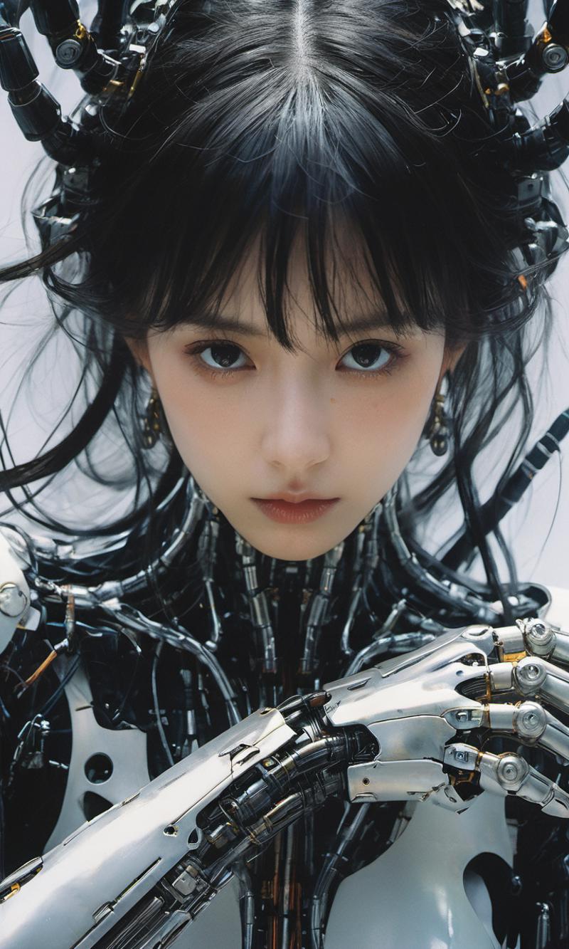 A close-up of a woman wearing robotic metal makeup with a dramatic look.