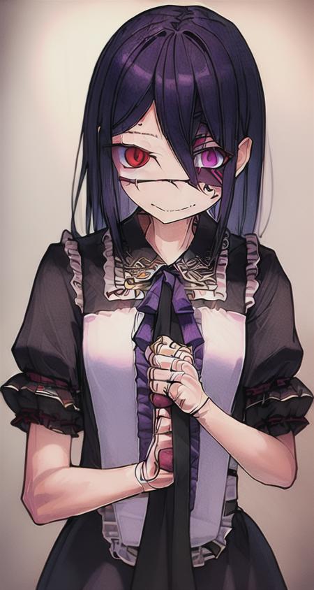 masterpiece, best quality, (ageha:1.4), purple hair, red eyes, hidden eye. maid outfil, portrait