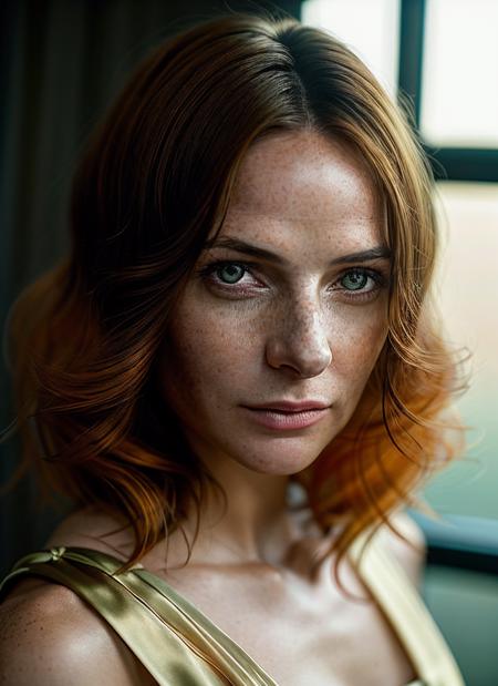 closeup portrait of skswoman, afraid , wearing silk , with orange Choppy layers , background camp epic (photo, studio lighting, hard light, sony a7, 50 mm, matte skin, pores, colors, hyperdetailed, hyperrealistic), <lyco:Rebecca Ferguson:1.2>