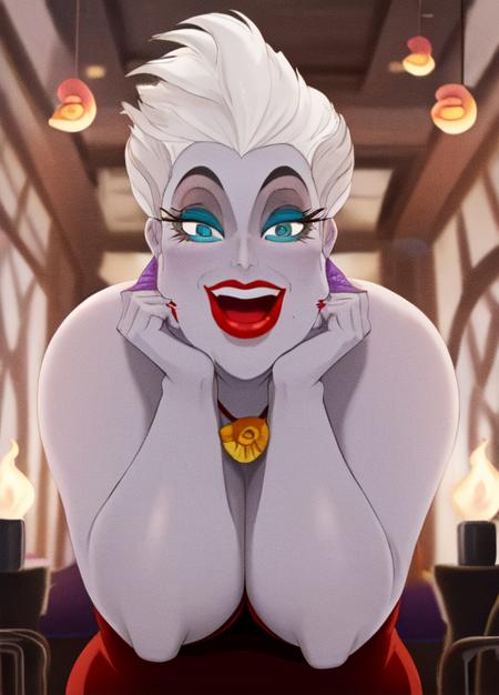 masterpiece, best quality, extremely delicate and beautiful, highres, original,  <lora:Ursula:0.8>, ursulalm, white hair, short hair, purple skin, red lips, fat, bbw, green eyelids, shell necklace, shell earrings, looking at viewer, blue eyes, indoors, red dress, upper body, wine, chandelure, solo, mansion