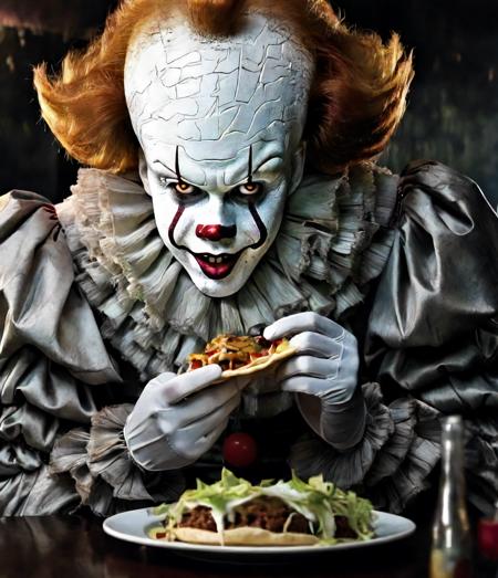 pennywise a creepy clown eating tacos, in a restaurant,  dark ambient  cinematic <lora:Pennywise:0.7>