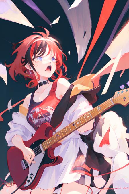 <lora:anko:1>, anko, 1girl, purple_pupils, red_hair, black_streaked_hair, playing guitar, yelling, tearing