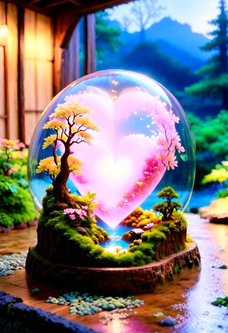 a digitally created artwork depicting a (heart-shaped) glass dome filled with a meticulously detailed miniature landscape scene. The (heart-shaped) glass dome is transparent, allowing a clear view of the scene within. The landscape inside the dome is lush and vibrant, featuring a serene lake with a small wooden boat floating on it. The lake is surrounded by dense greenery, including tall pine trees and various shrubs. In the background, majestic mountains rise, their peaks partially shrouded in clouds, and the sky is painted with a beautiful sunset, casting warm hues of orange, pink, and yellow. Within the heart-shaped glass dome, there is a small, traditional Japanese-style house with a thatched roof, situated near the lake. The house appears to be made of wood, with a wooden bridge leading to it. The scene is further enhanced with delicate pink cherry blossoms framing the landscape, adding a touch of elegance and beauty. The ground beneath the house is rocky and covered with moss, adding to the natural feel of the scene. The background outside the glass dome shows a blurred, soft-focus image of a garden with pink cherry blossoms, adding a dreamy, romantic atmosphere to the overall composition.