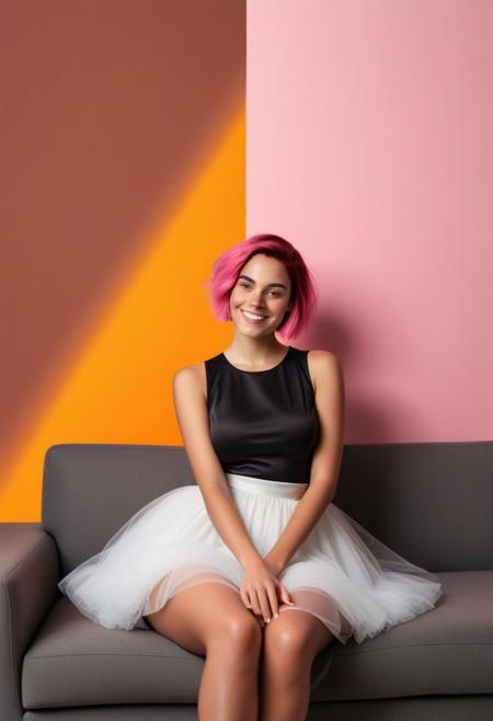 This photograph features a young woman with short, bright pink hair styled in a bob. She stands confidently, her arms crossed, wearing a sleeveless white dress with a voluminous tulle skirt, creating a voluminous and light appearance. She wears black ankle-strap sandals and has a subtle, confident smile. The backdrop is a seamless gradient of yellow and brown tones.
In the background and foreground, there are numerous large, geometric shapes, resembling 3D geometric forms with reflective surfaces.
The image is a high-resolution photograph of a young, smiling woman taking a selfie. She has a light to medium skin tone, and her long, dark brown hair cascades over her shoulders. She's positioned sitting on a gray fabric couch, which appears plush and worn, suggesting a cozy, indoor setting possibly a living room. The woman has large, round breasts prominently filling the foreground of the image. Her nipples are medium brown and erect, with a slightly prominent, raised texture.
The image is a digital collage with a striking color gradient background transitioning from dark orange and red on the left to bright pink and white on the right, resembling fiery or ethereal elements. At the center of the image are two figures, each with a contrasting color scheme.
On the left stands a man with a light skin tone, wearing a dark grey suit, light blue dress shirt, and a dark tie. He also sports a brown fedora tilted at a slight angle.