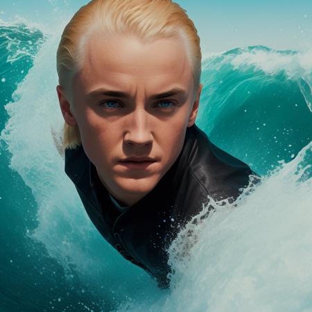 draco malfoy is surfing, extreme view, face focus (full body), crazy eyes, balance, viewed inside the wave curl, shoulders, arms outstretched, surfboard, topless, <lora:Draco Malfoy v1.0:.71>