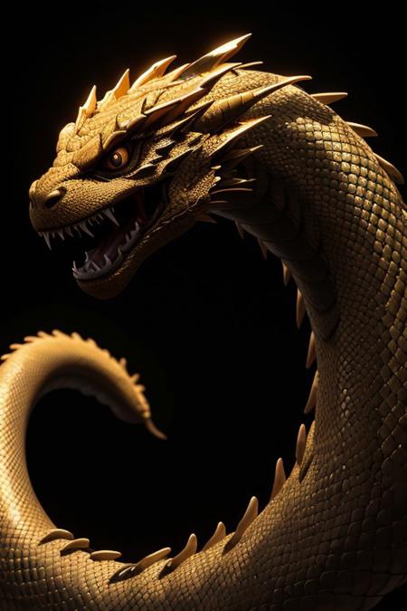Asian dragon gold snake gradient vibrant neon colour, rough, textural, broad brush strokes, red color prominent detailed, alienzkin, silhouette, spotlight, dark theme, c4d, blender, raytracing, unreal engine 5, render 3d, face close up,