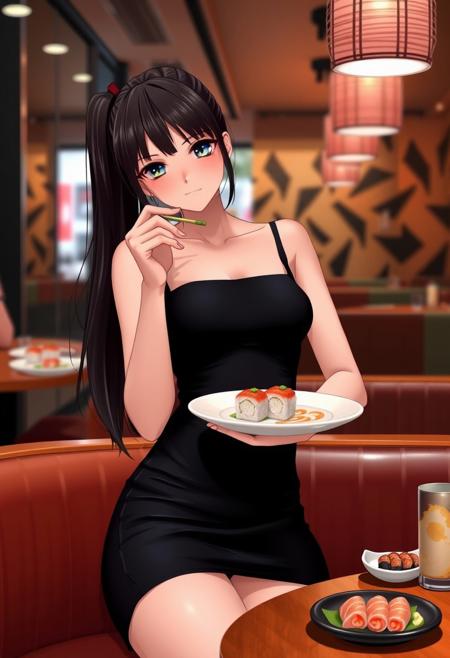 Girl eating sushi in a restaurant, with black tight dress
