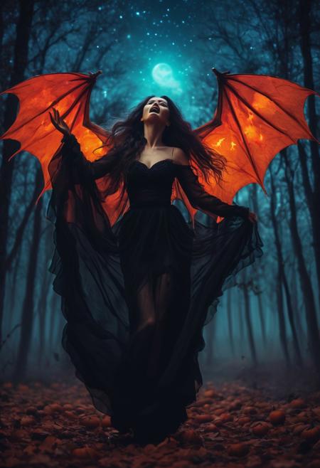 masterpiece, high quality, abstract, angelic woman, wings, screaming, vampire lady, elegant vampire clothes, centered, side view, black silhouette of a girl, (long flowy hair), flowy skirt, red bloody forest background, ((dynamic pose)), night time, dark theme, starry sky, glowing hair, cinematic, vivid colors, ((saturated neon colors)), perfect hands, anzhcdreamwave, aesthetic, Perfect Hands, aurora borealis, ((glowing halloween pumpkins)), ((bats))