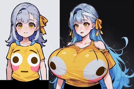 High Quality, Masterpiece, incrsemojishirt, multiple views, yellow shirt, <lora:FlushedEmojiShirt:1>, (gigantic breasts:1.4), moderniashirt, off shoulder, <lora:Char_NIKKE_Modernia:0.9>