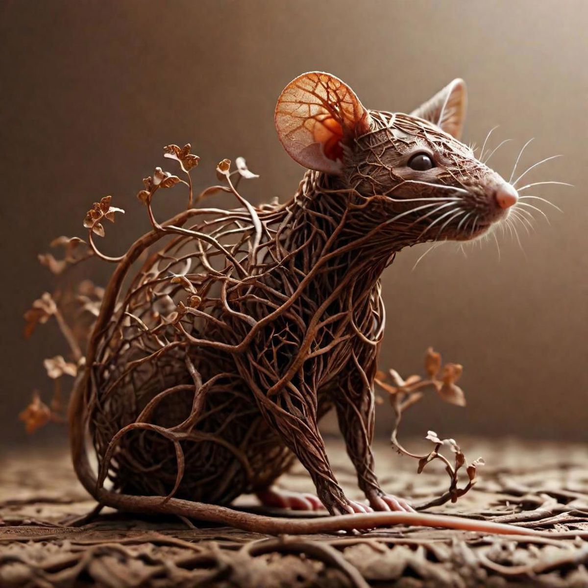 The intricate artwork of a rat sculpture.