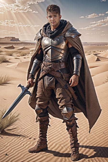 standing on a sand dune, arid canyon in background, SebastianKross is des3rt4rmor, desertpunk knight armor, cloak, holding sword, slight smile, highly detailed, sharp focus, high skin detail, photorealistic, masterpiece, (((full body portrait))), (full body), wide angle, (high face detail), (even lighting),   <lora:SebastianKross:0.7>   <lora:Clothing - DesertPunk Armor:0.65>