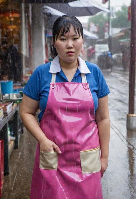 (((800 pound asian woman)) wears a ((((pink and blue rubber apron with lots of gold zippered pockets)))) the (apron and her white shirt are dripping with water as she stands in a rain storm) outside of an asian shop