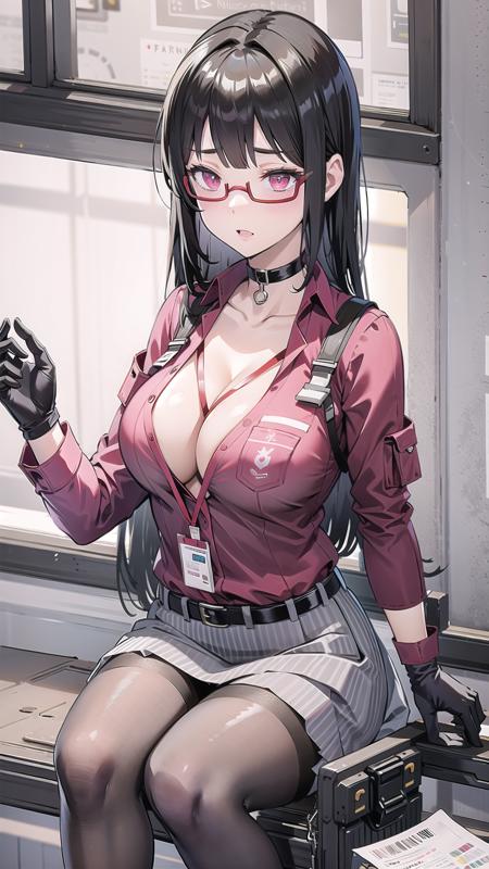 1girl, solo, gloves, long hair, glasses, black hair, breasts, choker, shirt, id card, pantyhose, black gloves, large breasts, black choker, red shirt, crossed legs, under-rim eyewear, clipboard, long sleeves, red-framed eyewear, cleavage, bangs, lanyard, mole, collared shirt, brown pantyhose, pink eyes, skirt, pocket, <lora:YaoWinterR1.0:0.7>, redofficeuniform, (full body, sitting:1.1),