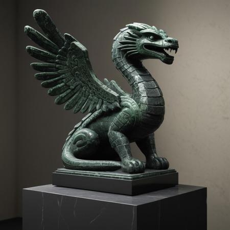 3d object, a statue, made of greenish black, slightly translúcid ((obsidian)).
Focus on head. A work of Maya art, museum quality
Focus on head. The representation of a giant winged serpent, feathered serpent, Kukulkan, hyper realistic and ultra detailed, dramatic lighting, ray tracing.
Auction catalog, high value, collector item
On a small simple pedestal, in a room made of (((ardósia))) black schist