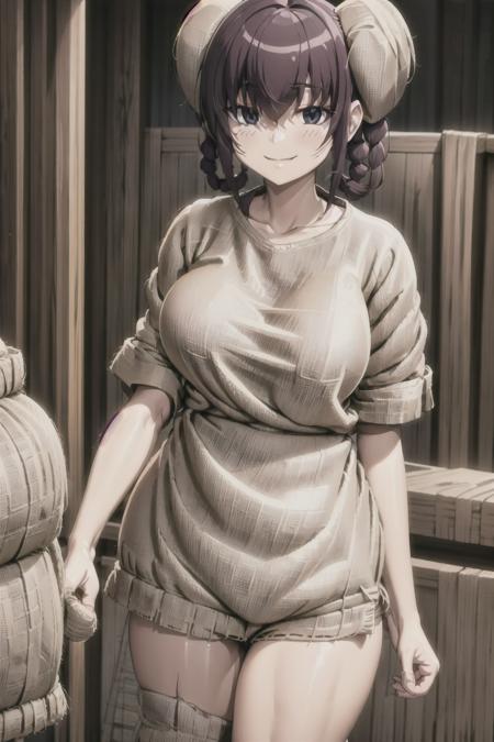 (ayukawa tenri), large breasts, wide hips, smile, (burlap shirt), shirt tucked in, short shorts, hair over eyes, twin braids, pink hair bow, <lora:Burlap V2:0.6>, <lora:Tenri Hair Down V1:0.6>