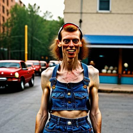 Highly detailed street photography scene from the 90's of ((ugly:1.3)) 1girl ((Helga:1.2)) detailed face, solo break-dancing dressed in 90's hiphop fashion ((baggy clothes:1.3)), ((Gangster:1.3)), gold chain, red hair big teeth (backward baseball-cap:1.3), boombox:1.2, scene is city street, cinematic, highest resolution, highly detailed, uhd, ((OverallDetail))