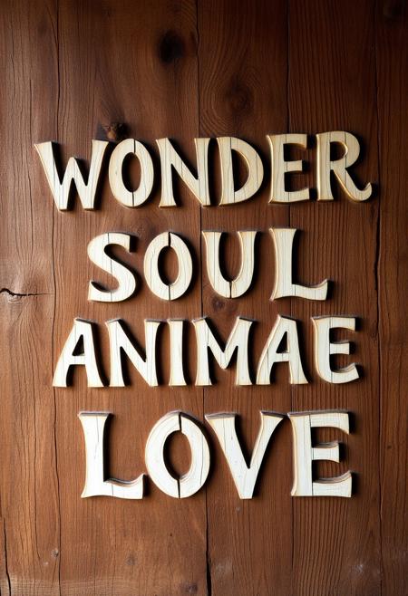 A large, rustic wooden sign with an ancient, weathered appearance, carved with intricate details and sublime craftsmanship. The wood texture is aged with subtle cracks and rich grains, evoking a sense of timelessness. The letters are hand-written in a flowing, elegant script across four lines. The words are beautifully arranged as: ‘WONDER,’ ‘SOUL,’ ‘ANIMAE,’ and ‘LOVE.’ The hand-lettered font gives off a feeling of something sacred and meaningful, blending naturally with the ancient, mystical quality of the sign, as though it has existed for centuries