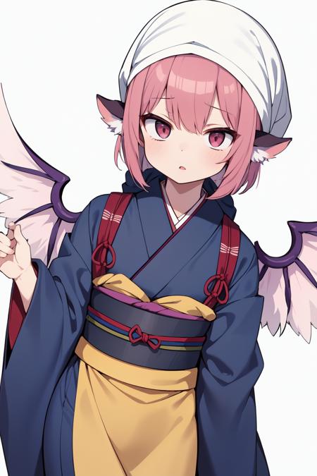 animal_ears, (sash code:1.3), (white_tasuki wings:1.1), (okamisty:1.5), (mystia lorelei:1.2), lips, (maroon_kimono:1.4),  (blue headscarf:1.5), (indigo blue_apron:1.2), (pink hair:1.2), <lora:oka_mysty2:0.2>