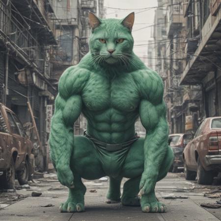a cat, muscular! green, striking manga artstyle, by Lee Gatch, deviantar, puṣkaracūḍa, trending on artstatioin, wrestler, anime visual of a cute cat, ultra phonk, inspired by Otomo Katsuhiro, clean scan, zentai suit, full english detailed, featured on pixiv, sci-fi, fantasy composition, official art, fantastic details, hi - fructose art magazine, 8 k