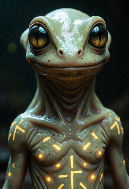 A close-up of an amphibian-like alien, with slimy, smooth skin covered in strange runes, large reflective eyes adapted to low light, and tiny, bioluminescent pores lining its body, glowing softly.