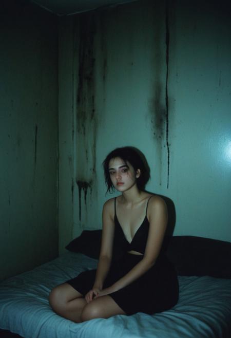 a dark lonely cold room, a thin girl sits hanging her shoulders on the bed, her dark hair dirty, a black stain in place of her face, dull tones, evening, contrasting shadows, dull cloudy sky, luminous blurred photo, grainy film effect, konica minolta zoom 60, blurred shapes, Diane Arbus photo style