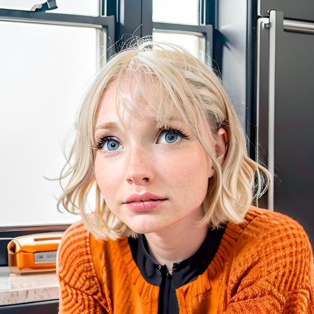 pleading expression, zoec , candid snapshot of 1girl, from below, finger touching lips,  bright orange collared shirt, shiny skin, winged eyeliner, drill hair, sad, (((platinum blonde))), heavy eyelids,face details, looking to side, (in kitchen), forehead, freckles, sharp focus, ambient light from window