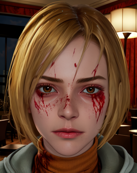 Cheryl,blonde hair,brown eyes,
orange turtleneck, 
blood on clothes,cleavag cutout,
serious,
(silent hill \(series\):0.6),hotel,night,
(insanely detailed, beautiful detailed face, masterpiece, best quality) cinematic lighting,<lora:Cheryl-10DBD:0.7>,