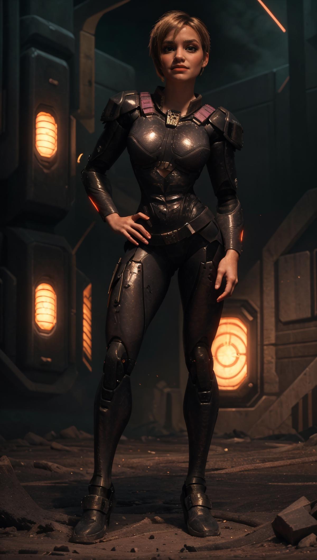 A 3D animated character of a female warrior in a futuristic setting.