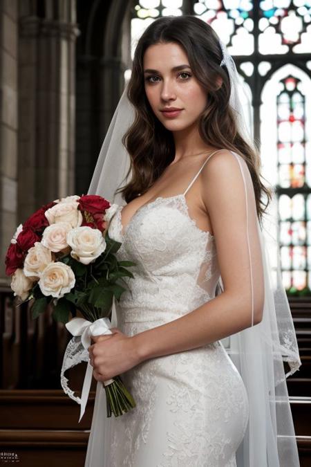 full body photography of a pretty seductive woman,25 years old,white bridal gown,cleavage visible,white lace veil,smile,upper body photo portrait,dynamic lighting,long blond hair,loose curls in hair,hair pulled to one side,pale blue eyes,holding a bouquet of roses,from a distance,bokeh,red flower in hair,style by Dan Winters,bold colors,sunlight,freckles,intricate textures,thorough in every detail,inside a lavish cathedral with stained glass floor to ceiling windows,volumetric lighting,approaching perfection,dynamic,highly detailed,smooth,sharp focus,art by Carne Griffiths and Wadim Kashin,trending on artstation,sharp focus,intricate details,highly detailed,by greg rutkowski,mysterious,epic,cinematic,