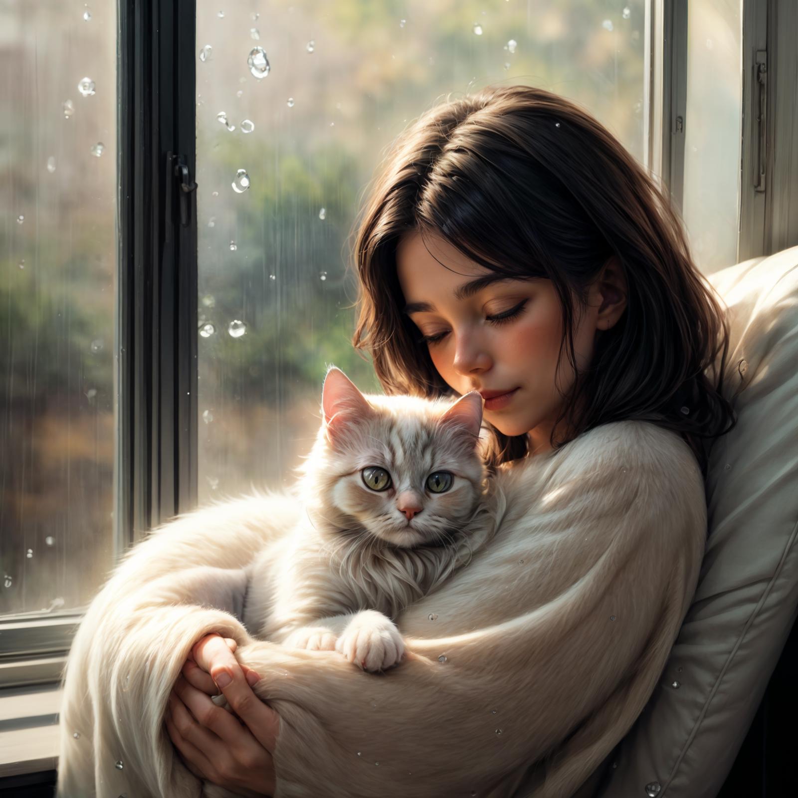 Woman holding a cat by a window, wearing a white sweater.