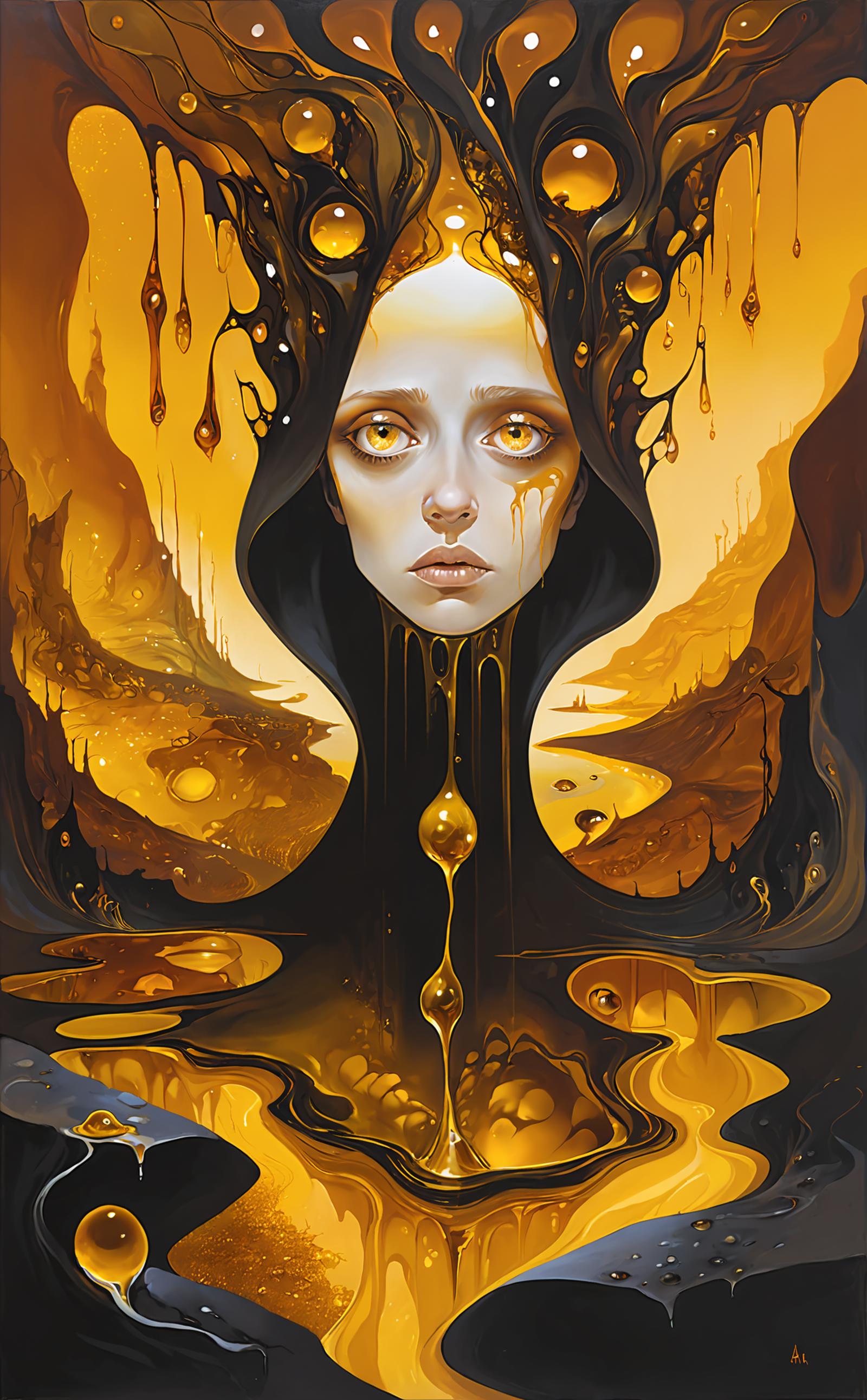 A painting of a woman with a hood and gold dripping from her eyes.
