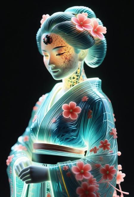 <lora:World_of_Glass_Filament:0.6> made of, tiny neon (glass:1.1) filaments, w0gf1l, Android, geisha, with robotic parts, in flowery kimono, Intricate details, 8 k, cinematic <lora:sss:0.8> subsurface scattering, sss <lora:envyStarlight_v10:0.8>