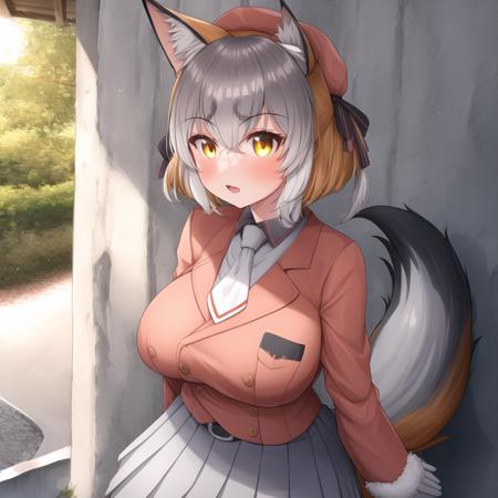 shimahai, 1girl, ((solo)), animal ears, virtual youtuber, short hair, fox girl, fox ears, fox tail, gray gloves, gray pleated skirt, white necktie, twintails, black undershirt, grey hair, orange hair, red blazer, white loafers, red beret, yellow eyes, microphone, long sleeves, fur trim, black belt, bangs, hair between eyes, orange legwear, two-tone hair, black hair ribbon, frilled skirt, sidelocks, breast pocket, detailed shading, detailed ambient light, detailed shading, detailed ambient light