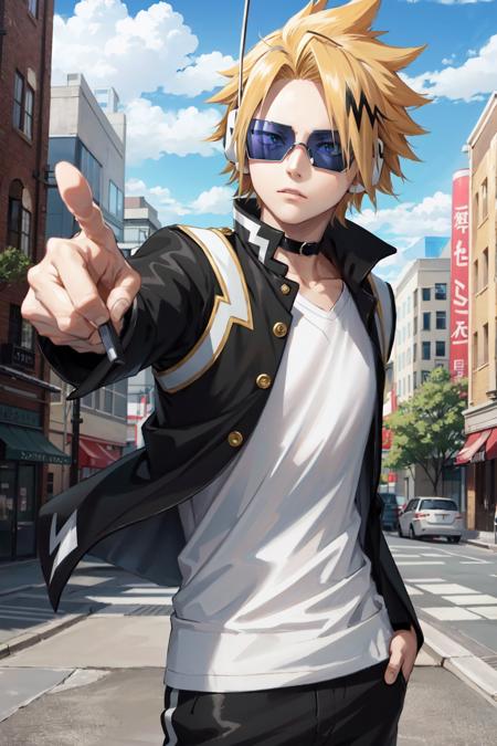 kaminari denki\(boku no hero academia\), 1boy, solo, looking at viewer, male focus, bangs, short hair, blonde hair, multicolored hair, spiked hair, yellow eyes, headphones, antenna, choker, sunglasses, long sleeves, white shirt, outdoors, open clothes, day, cloud, open jacket, black jacket, black pants, electricity, pointing,